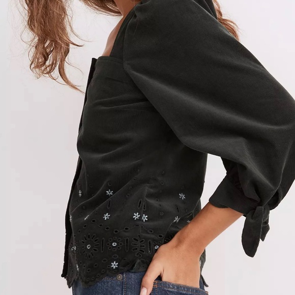 Madewell embroidered eyelet corduroy tie-sleeve top - Picture 2 of 7